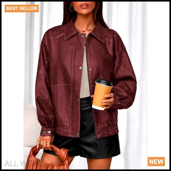 Faux Leather Bomber Jacket Oversized Moto Biker Zip Up Retro Chic - Picture 5 of 7